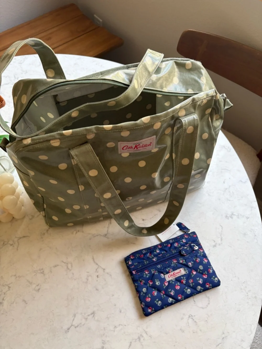 Cath Kidston Green Polka Dot Tote Bag and Floral zipper pouch
